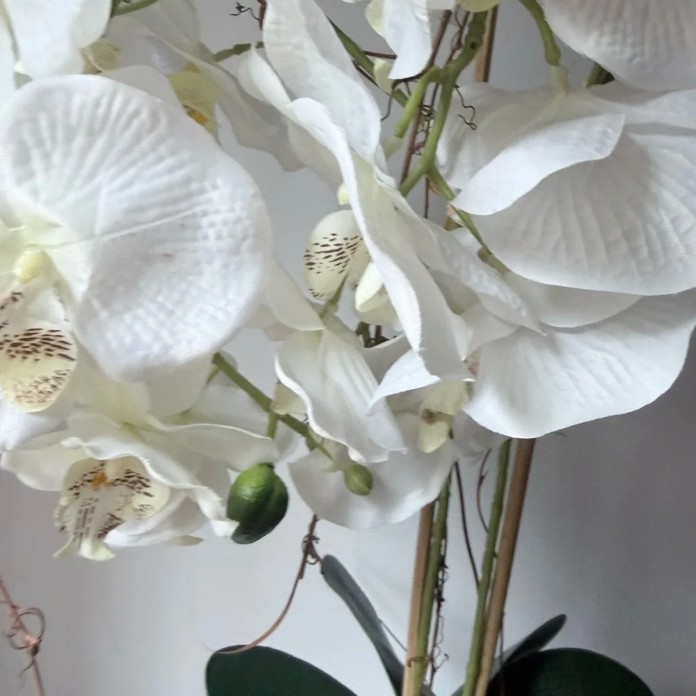 artificial white Phalaenopsis orchid arrangement in a brown textured vase 27”….